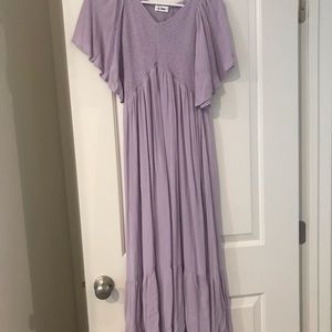 Lavender midi smocked v neck dress